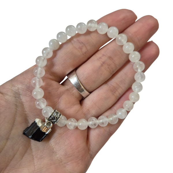 Principal Pulsera 6mm de Cuarzo blanco con dije de Turmalina - Imagen 1